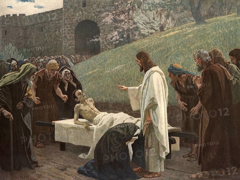 Scene from the biblical story, The Widow's Son, story from the Gospel of Luke, in which Jesus raises a young man from death in the city of Nain, authentic reproduction of a school mural, historical, around 1900, Jesus standing in front of a newly risen man surrounded by astonished and grieving people