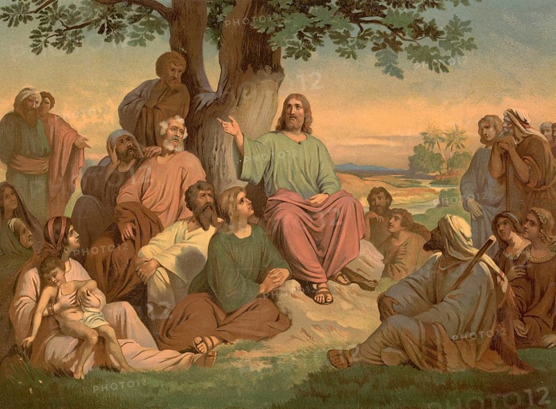 Scene from the biblical story, The Sermon on the Mount, authentic reproduction of a school mural, historical, around 1900, Jesus teaching a group of people outdoors surrounded by natural landscape and trees