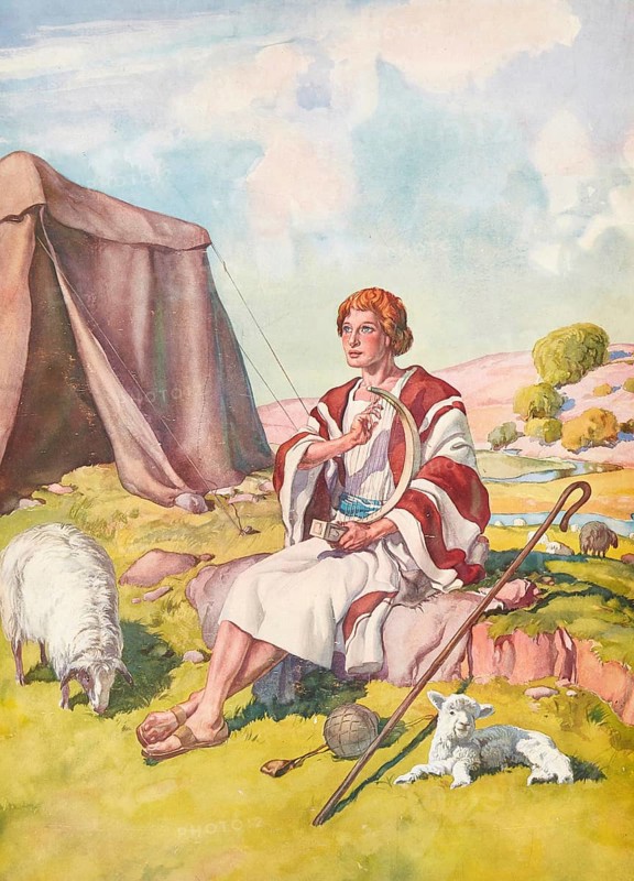 Scene from the biblical story, story of the shepherds in the field describing how angels announce the birth of Jesus Christ to the shepherds, authentic reproduction of a school mural, historical, around 1900, A shepherd sitting next to a tent surrounded by sheep, in a peaceful landscape