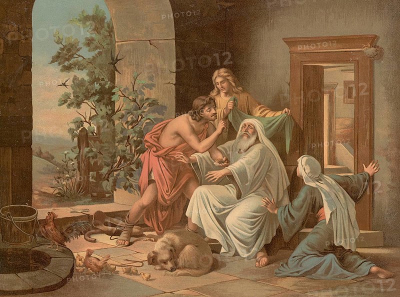 Scene from the biblical story, The Healing of Tobias, the story of how the young Tobias, led by the archangel Raphael, uses fish bile to heal the blindness of his father Tobit, authentic reproduction of a school mural, historical, around 1900, a blind man is blessed and healed by a biblically dressed couple