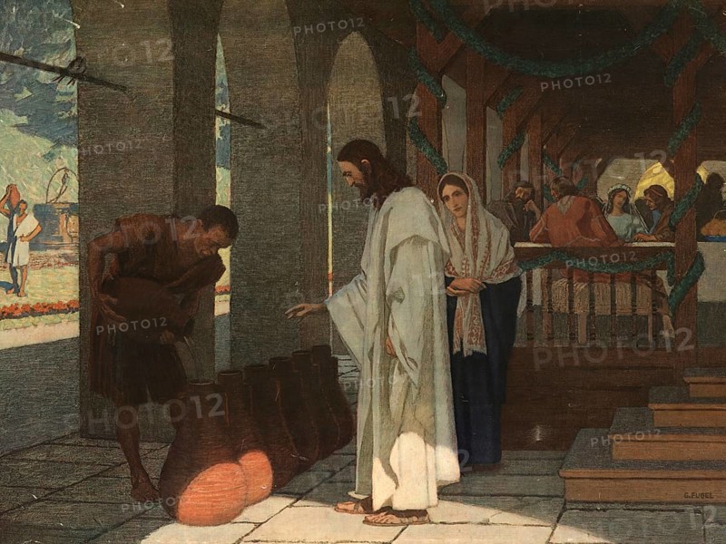 Scene from the biblical story, the location of the famous wedding at which Jesus performed his first miracle, referred to as Cana in Galilee. The current location, which is traditionally identified with this biblical event, is Kfar Kanna, authentic reproduction of a school mural, historic, around 1900, Jesus performs a miracle with water jugs surrounded by a group of people in front of an old building
