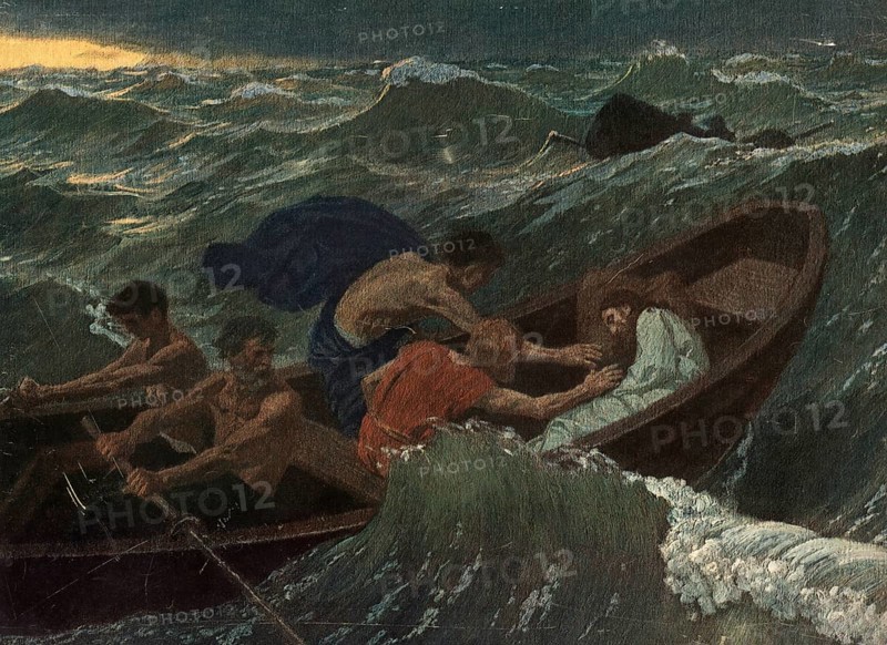 Scene from the biblical story, the story of the storm on the lake, often referred to as The Calming of the Sea Storm, authentic reproduction of a school mural, historical, around 1900, disciples fighting a storm in the sea and trying to stabilize a boat