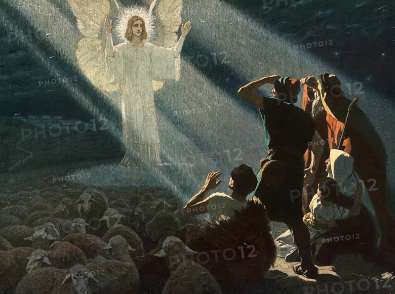 Scene from the biblical story, story of the shepherds in the field describes how angels announce the birth of Jesus Christ to the shepherds, authentic reproduction of a school mural, historical, around 1900, an angel appears to shepherds and sheep at night and announces a message