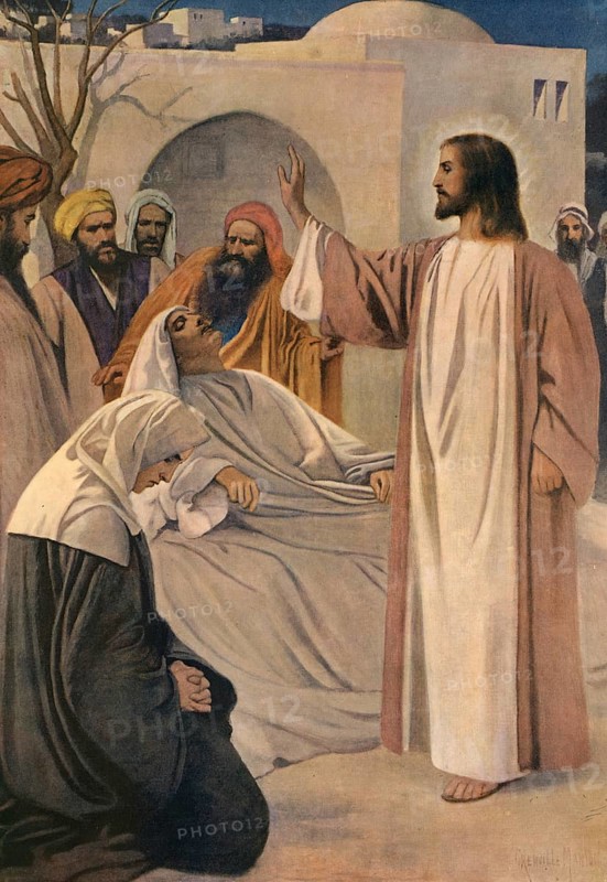 Scene from the biblical story, The Widow's Son, story from the Gospel of Luke in which Jesus raises a young man from death in the city of Nain, authentic reproduction of a school mural, historical, around 1900, Jesus blesses and heals a seated sick person surrounded by thoughtful disciples, spreading hope