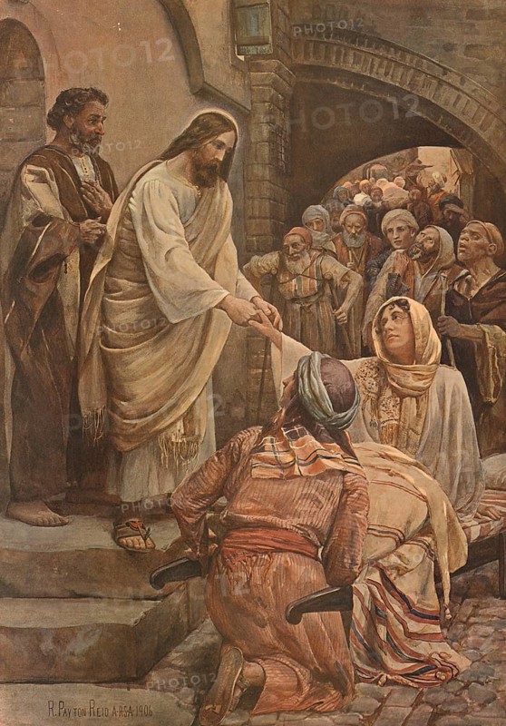 Scene from the biblical story, Wonderful healer, often used as a description for Jesus Christ or God. It refers to the ability and will of God to heal both physical and emotional ailments., authentic reproduction of a school mural, historical, around 1900, Jesus heals a man surrounded by a crowd. An expression of compassion in an ancient setting