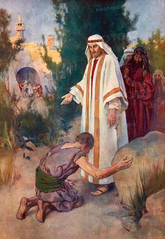 Scene from the biblical story, The story of the ten lepers, lepers, authentic reproduction of a school mural, historical, around 1900, A man kneels humbly in front of a figure dressed in white, surrounded by observers
