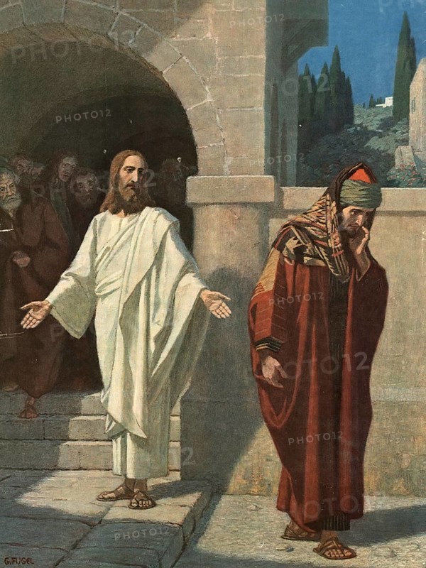 Scene from the biblical story story of the rich young man, rich young man, authentic reproduction of a school mural, historical, around 1900, Jesus speaking to a thoughtful man in front of a stone building in a daily atmosphere
