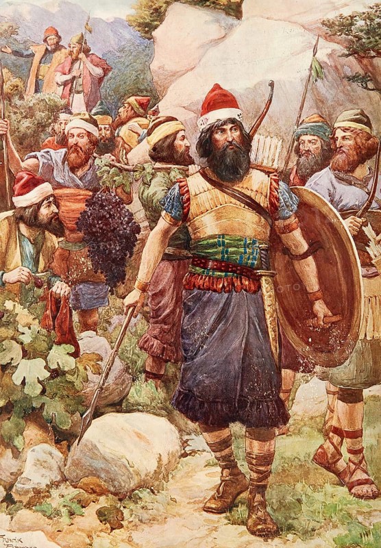 Scene from the biblical story, The story of the spies and the grapes of Eshkol, famous event from the Bible, authentic reproduction of a school mural, historical, around 1900, warriors carry large grapes from a vineyard in a mountainous landscape