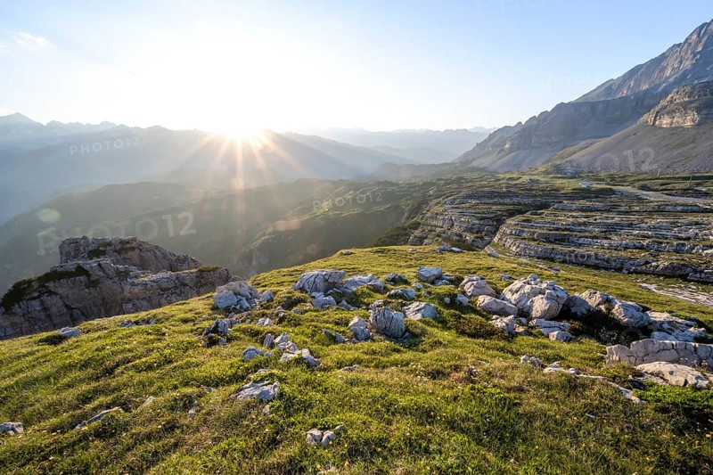 Sunset over the Adamello Group, mountain landscape on the Grosté Plateau, Brenta Mountains, Trentino, Italy