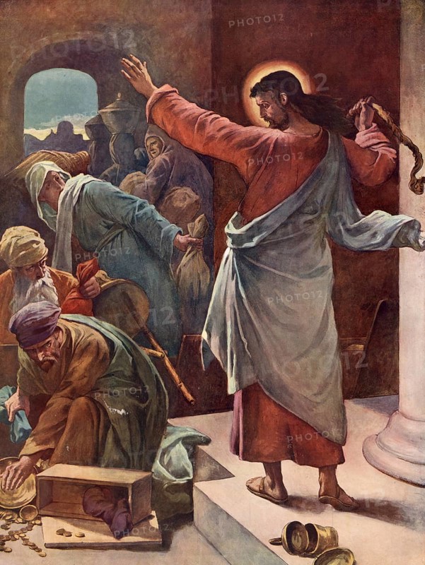 Scene from the biblical story, The Cleansing of the Temple is a biblical story in which Jesus drives the merchants and moneychangers out of the temple in Jerusalem, authentic reproduction of a school mural, historical, around 1900