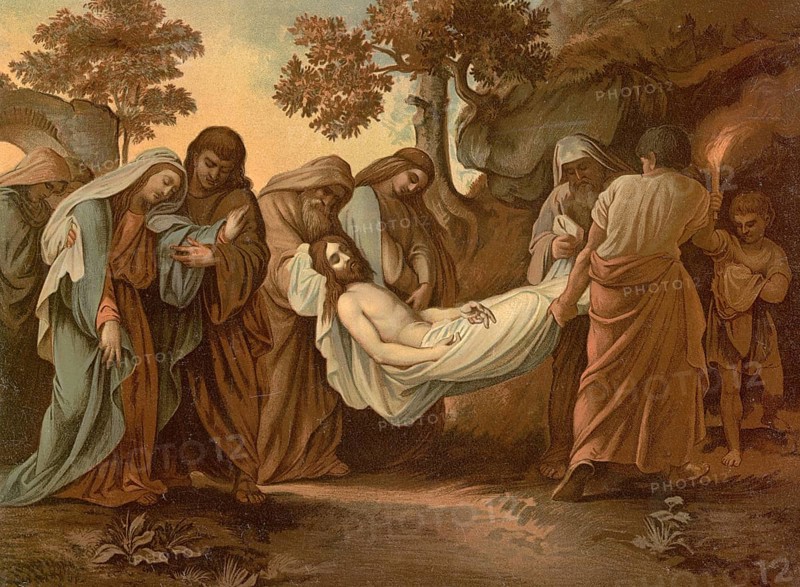 Scene from the biblical story, The Burial of Jesus Christ, authentic reproduction of a school mural, historical, around 1900
