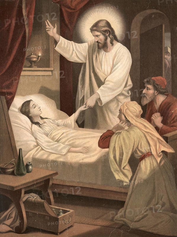 Scene from the biblical story, story of the raising of the daughter of Jairus, authentic reproduction of a school mural, historical, around 1900