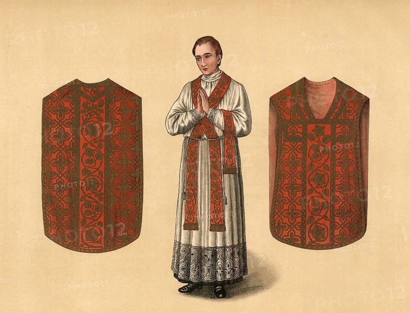 Scene from the biblical story, in the Catholic liturgy, during Holy Mass, the priest wears specific vestments that often have biblical origins or symbolic meanings, authentic reproduction of a school mural, historical, around 1900