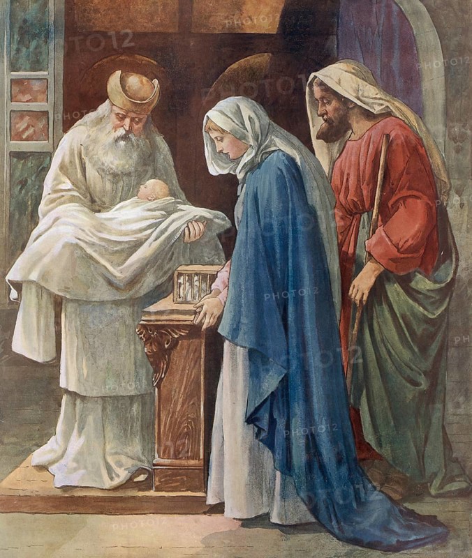 Scene from the biblical story, Joseph and Mary bringing little Jesus to the temple, authentic reproduction of a school mural, historical, around 1900
