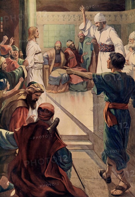 Scene from the biblical story, The Arrest and Trial of Jesus, authentic reproduction of a school mural, historical, around 1900