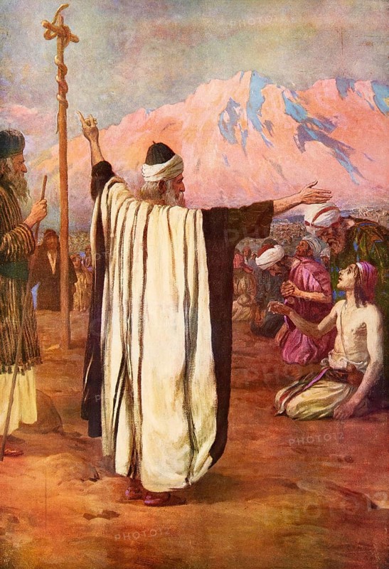 Scene from the biblical story, A story in which God instructed Moses to make a copper snake that the Israelites should look at to be healed after bites of poisonous snakes, authentic reproduction of a school wall painting, historical, around 1900