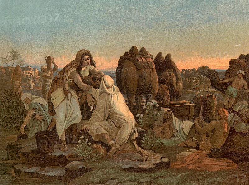 Scene from the biblical story, The story of Rebekah and Eliezer is a central narrative in the Bible, where Abraham's faithful servant Eliezer travels to Mesopotamia to find a woman (Rebekah) for his master Isaac, authentic reproduction of a school mural, historical, around 1900