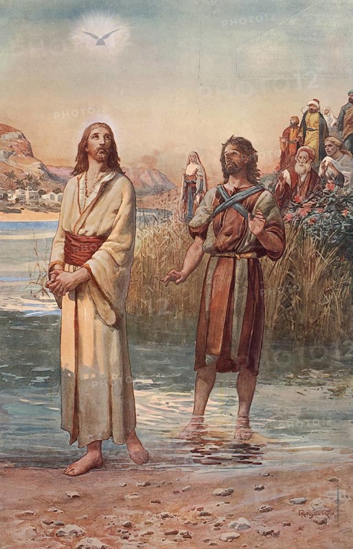 Scene from the biblical story, The Baptism of Jesus in the Jordan, authentic reproduction of a school mural, historical, around 1900