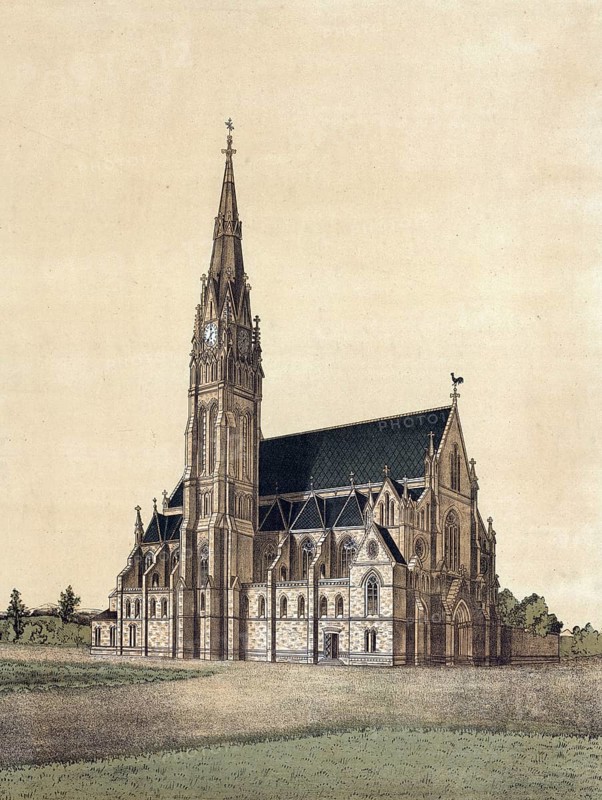 Scene from biblical story, symbolic photo, exterior view of any Christian church, authentic reproduction of a school mural, historical, around 1900