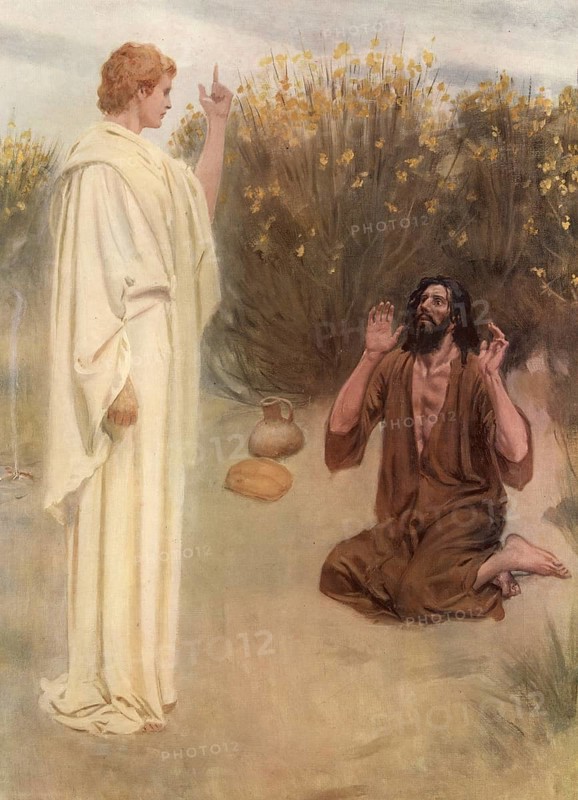 Scene from the biblical story, Elijah at Horeb, Sinai, a central biblical story in which the prophet Elijah flees into the desert after a confrontation with Queen Jezebel, is strengthened there by angels and reaches Mount Horeb after 40 days and nights, authentic reproduction of a school mural, historical, around 1900