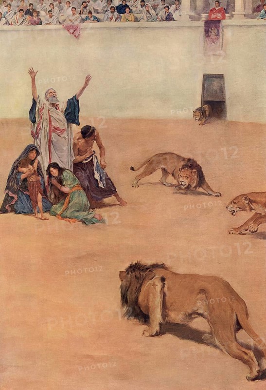 Scene from biblical story, early Christian martyrs in the arena with wild animals, Rome, authentic reproduction of a school mural, historical, around 1900