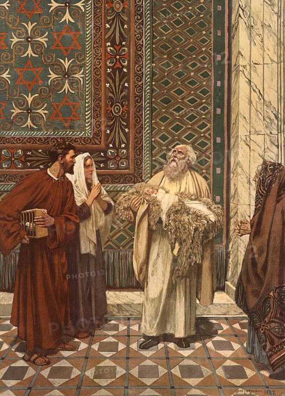 Scene from the biblical story, The Presentation in the Temple, refers to the biblical event in which Mary and Joseph brought the baby Jesus to the Jerusalem Temple 40 days after his birth to consecrate him to God, authentic reproduction of a school mural, historical, around 1900