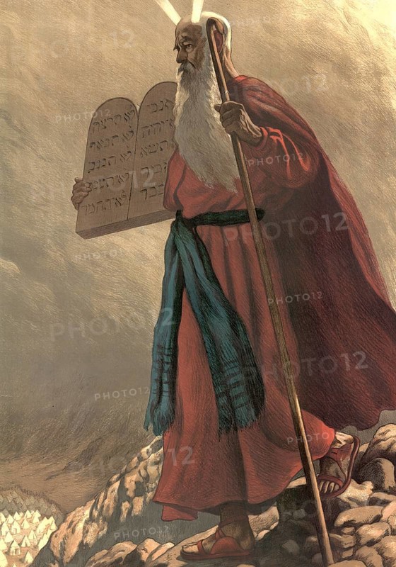 Scene from the biblical story, The Law of the Bible, primarily the Torah, the first five books of Moses, contains over 600 Commandments for the life of the Israelites, including the well-known Ten Commandments that God gave to shape life according to God's will and to regulate living together, authentic reproduction of a school mural, historical, around 1900