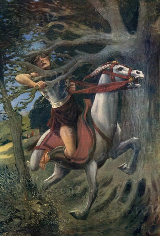 Scene from the biblical story, death of Absalom, the son of King David, occurred after a defeat of his rebel army. He fled, got his long hair caught in a tree (an oak), was found hanging there and was pierced with three spears by David's general Joab, authentic reproduction of a school mural, historical, around 1900