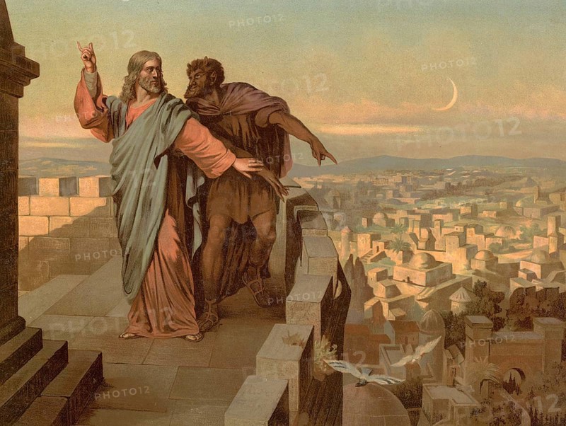 Scene from the biblical story, The Temptation of Jesus by the Devil, authentic reproduction of a school mural, historical, around 1900