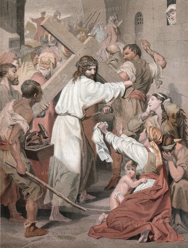 Scene from the biblical story, Jesus on his way to Golgotha, The Passion of Christ, Via Dolorosa, from Jerusalem to Calvary, authentic reproduction of a school mural, historical, around 1900