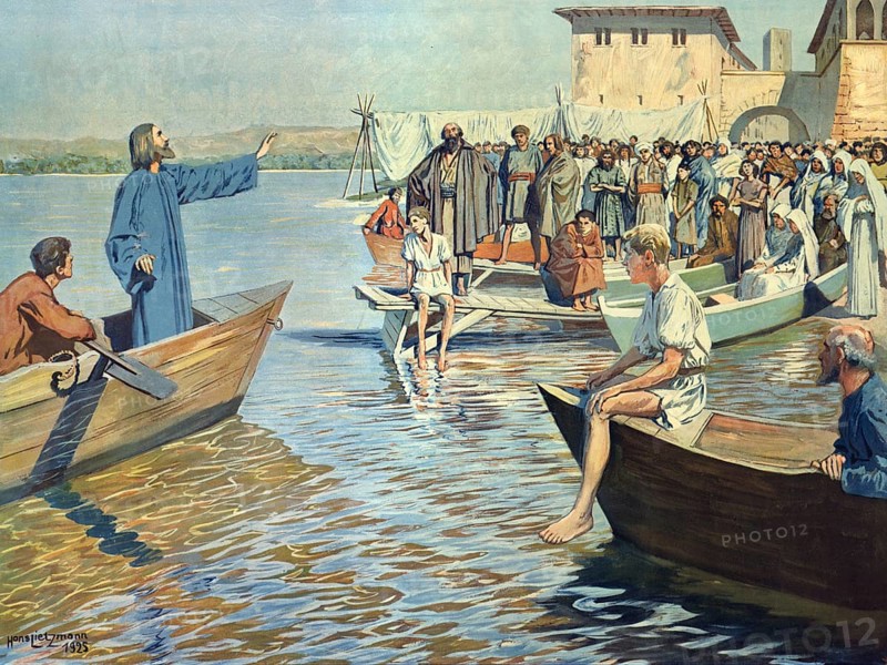 Scene from the biblical story, Jesus preaching at the lake, authentic reproduction of a school mural, historical, around 1900