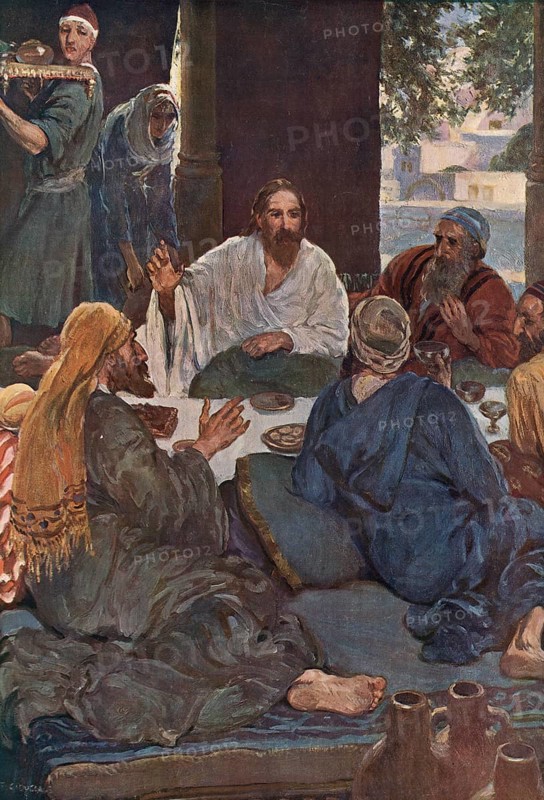 Scene from the biblical story, Jesus as a guest in the house of a Pharisee, authentic reproduction of a school mural, historical, around 1900