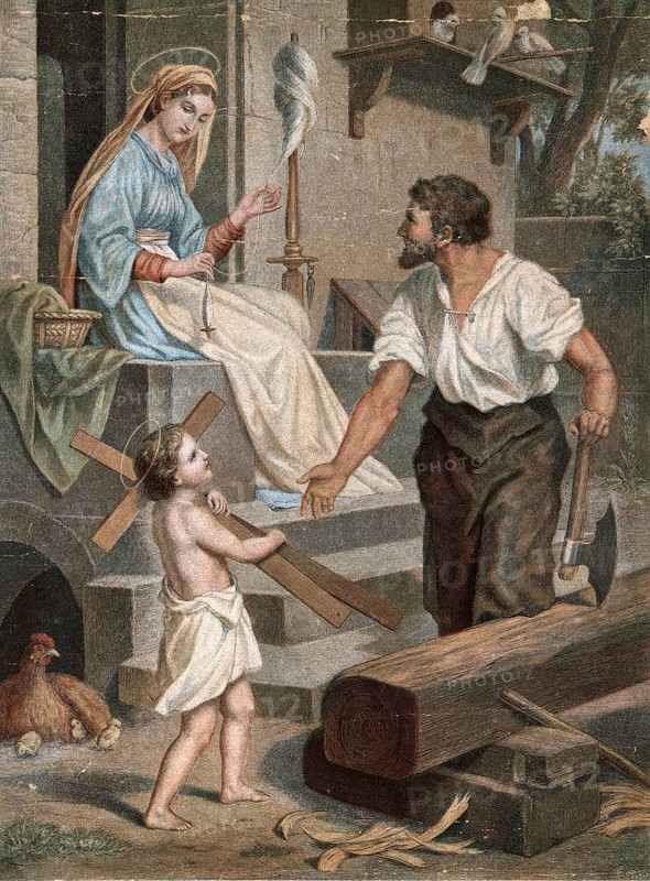 Scene from the biblical story, The Family of Jesus in Nazareth with his father as a carpenter, authentic reproduction of a school mural, historical, around 1900