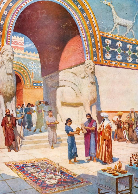 Scene from the biblical story, The Jews leave Babylon after the Babylonian Exile, a period in which they were exiled there by the Neo-Babylonian Empire after Jerusalem was conquered in 586 BC, authentic reproduction of a school mural, historical, around 1900
