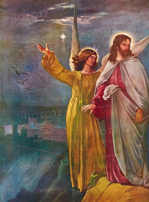 Scene from the biblical story, The Temptation of Jesus by the Devil in the Desert, authentic reproduction of a school mural, historical, around 1900