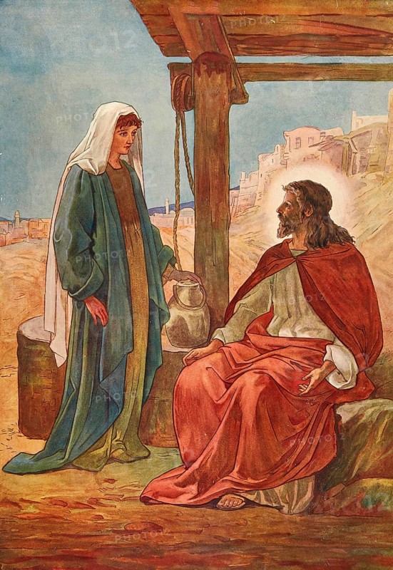 Scene from the biblical story, Jesus at the well, biblical story in which Jesus wearily meets a Samaritan woman at Jacob's Well and offers her the living water of eternal life, authentic reproduction of a school mural, historical, around 1900