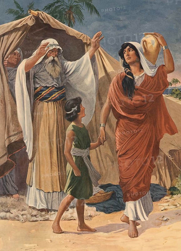Scene from the biblical story, Hagar and Ishmael are central figures in the Bible, where Hagar, the Egyptian maid of Sarah, gives birth to Abraham a son: Ishmael, Abraham's first-born son and progenitor of the Ishmaelites, who is later considered the progenitor of the Arabs, authentic reproduction of a school mural, historical, around 1900