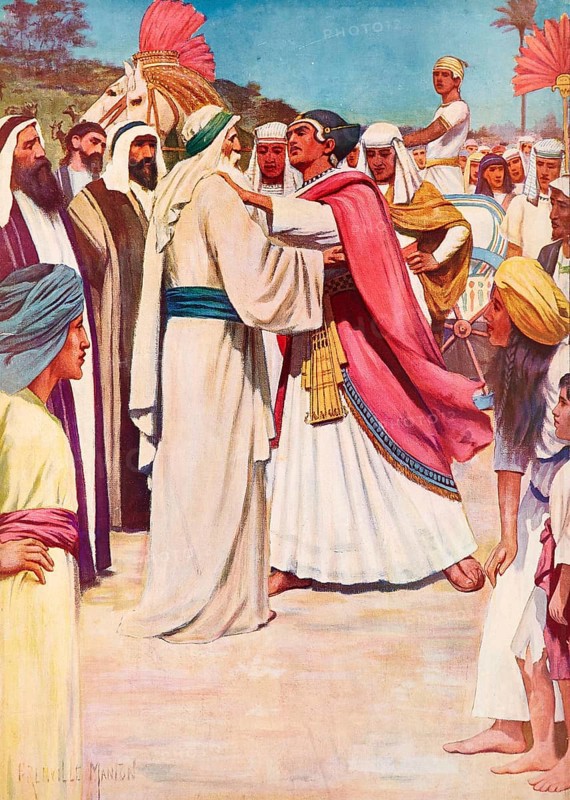 Scene from the biblical story, The meeting of Jacob and Joseph is a central event in the Bible, in which the separated father and son meet again after more than 27 years in Egypt (Land of Goshen), authentic reproduction of a school mural, historical, around 1900