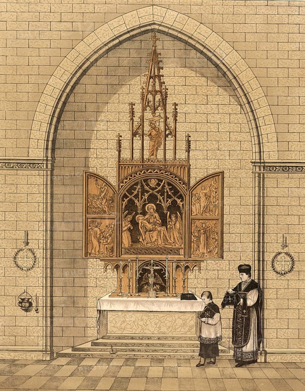 Scene from the biblical story, Gothic altar, a winged altar or altarpiece in Gothic style, often made of wood, richly carved and painted, with a central cry, wings and a predella, typical of late medieval German and Central European church art, authentic reproduction of a school mural, historical, around 1900