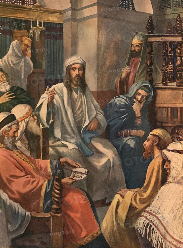 Scene from the biblical story, Jesus in the synagogue of Nazareth, authentic reproduction of a school mural, historical, around 1900