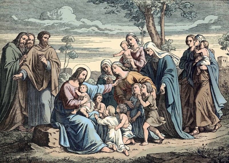 Scene from the biblical story, Jesus Blessing the Children, authentic reproduction of a school mural, historical, around 1900