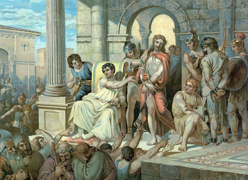 Scene from the biblical story, Jesus in front of Pilate, describes how the chief priests hand Jesus over to the Roman governor Pontius Pilate, accuse him of incitement, tax refusal and the claim to be king of the Jews, authentic reproduction of a school mural, historical, around 1900