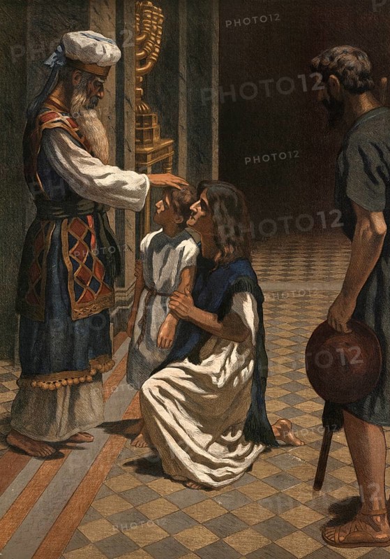 Scene from the biblical story, The story of Anna and her son Samuel with the priest Eli is a central narrative in the Old Testament. It describes the fulfillment of a promise and the calling of an important prophet, authentic reproduction of a school mural, historical, around 1900