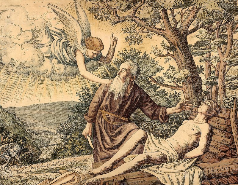 Scene from the biblical story, Isaac's sacrifice, as Abraham tied up his son Isaac but did not kill him, but an angel stopped him at the last moment and a ram was sacrificed instead, authentic reproduction of a school wall painting, historical, around 1900
