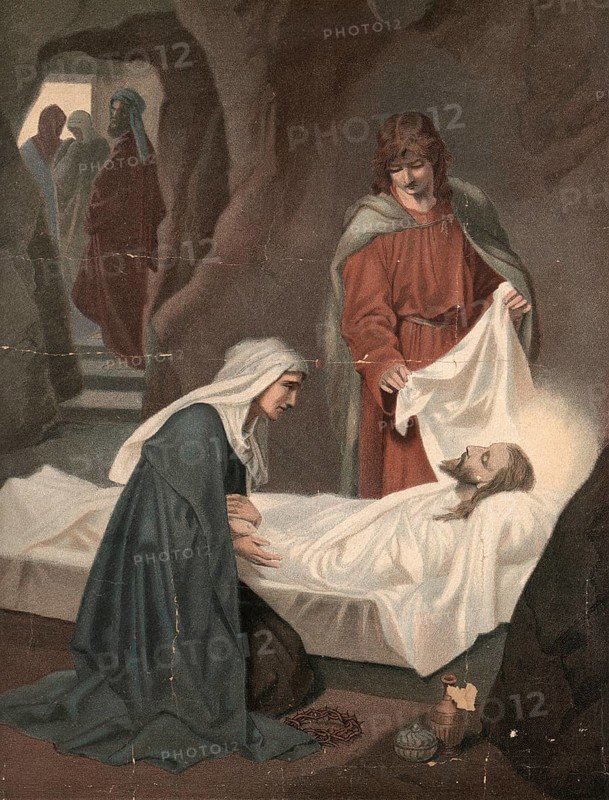 Scene from the biblical story, Jesus is buried, and tradition says that he is lying in the Church of the Holy Sepulchre in Jerusalem, authentic reproduction of a school mural, historic, around 1900
