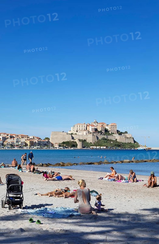 Calvi beach, back the citadel, Balagne, Haute-Corse department, Corsica, France