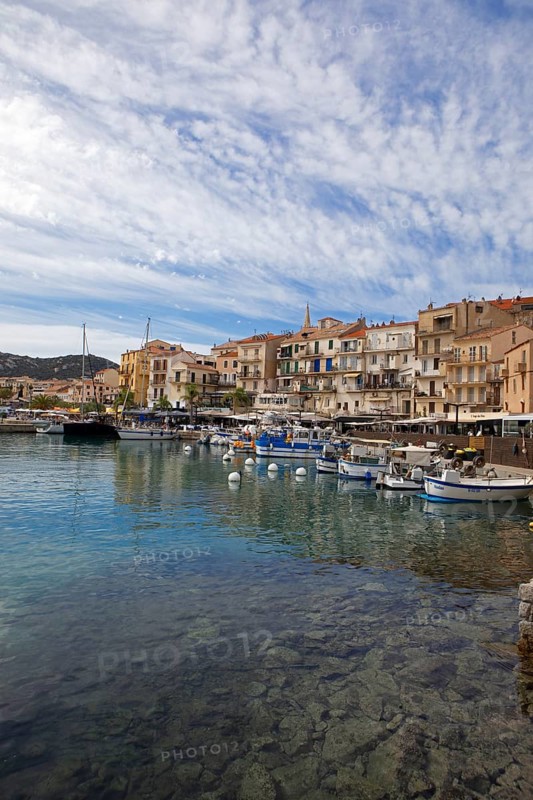 Colourful boats and restaurants in the port of Calvi, Balagne, Haute-Corse department, Corsica, France