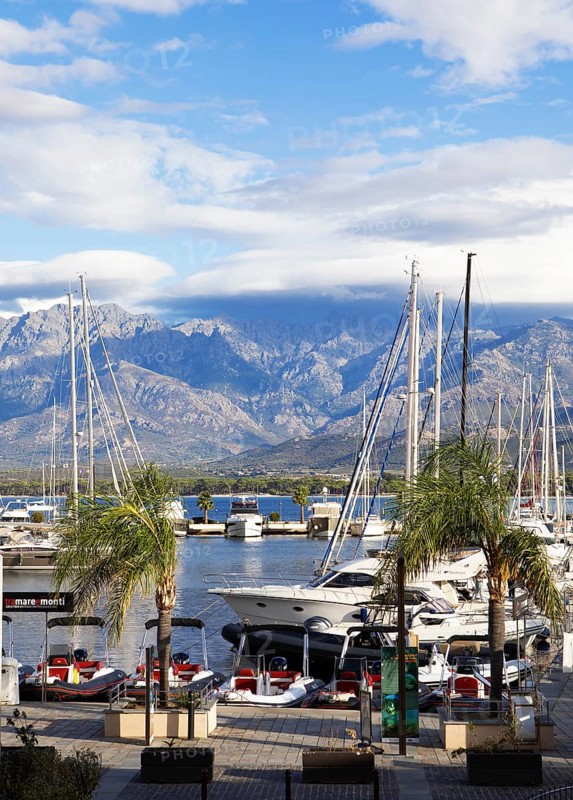 Calvi marina, with the mountains of the Balagne region in the Haute-Corse department, Corsica, France