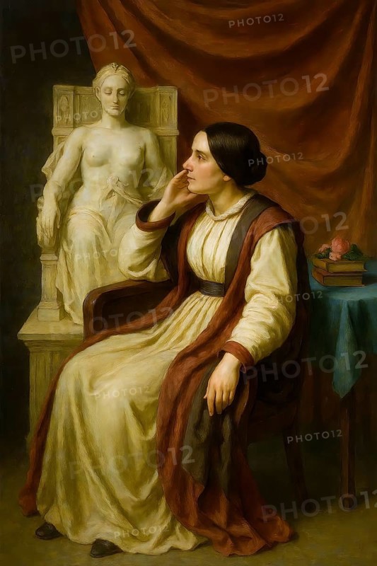 Bettina von Arnim 1838, historical illustration from the history of German literature from 1885, digitally edited, symbolic image writer, composer, romanticism