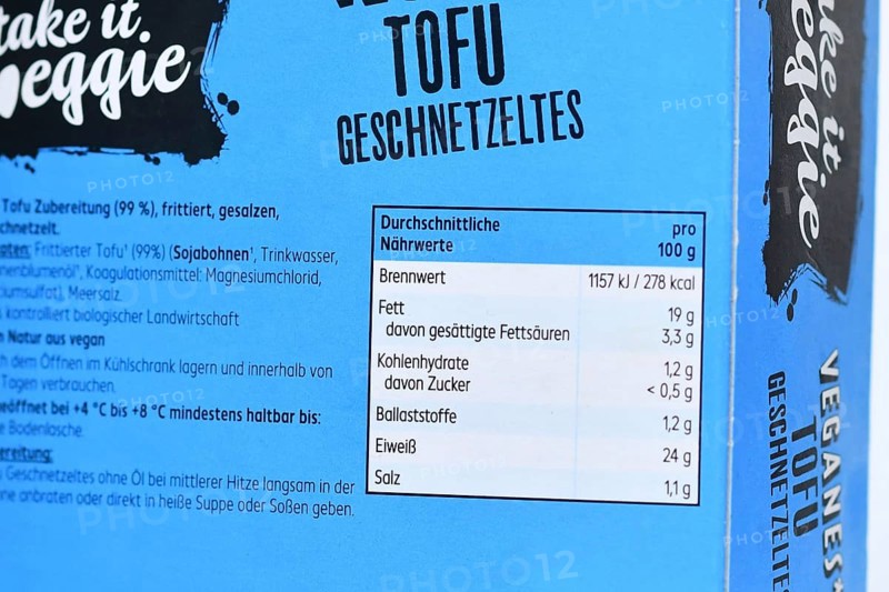 Germany - October 2025: German nutrition label of fried tofu showing calories, fat, carbohydrates, fiber, protein and salt